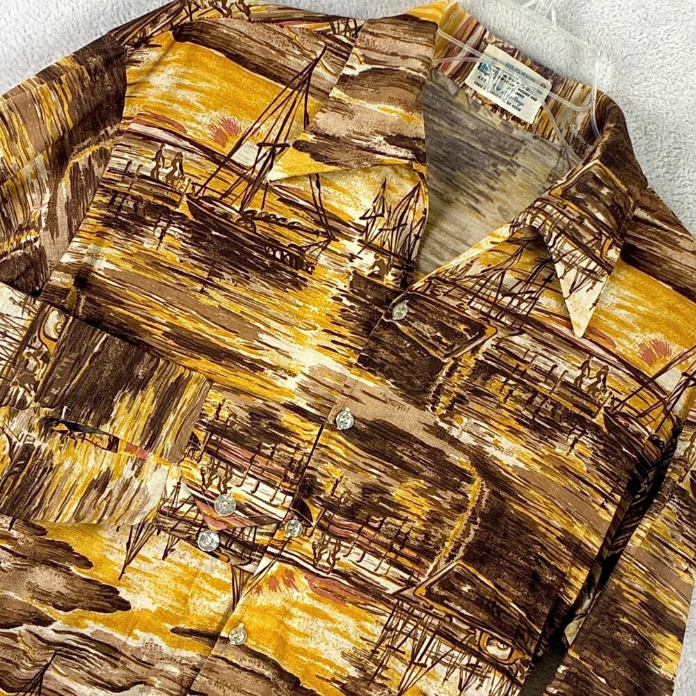 VTG 70s Kmart Disco Shirt Mens M Yellow Brown Boat AOP Dagger Collar Retro
